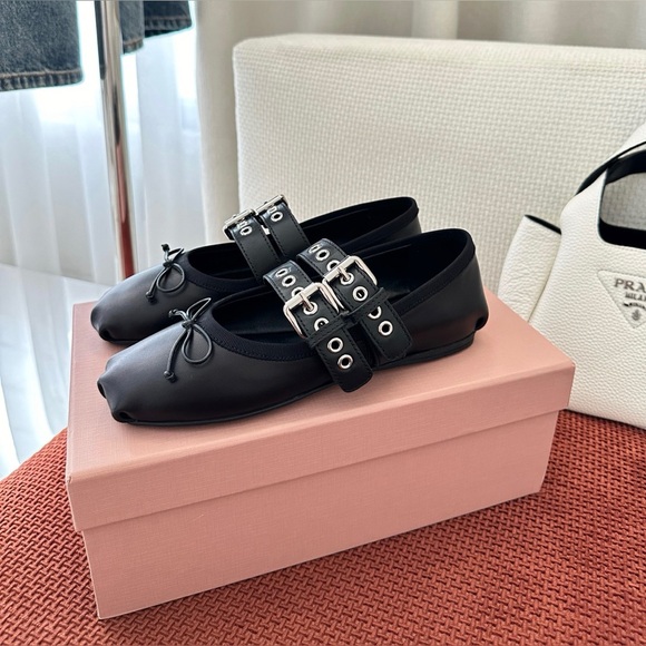Miu Miu Double Buckle Strap Leather Mary Jane Ballerina Flats - Picture 3 of 8